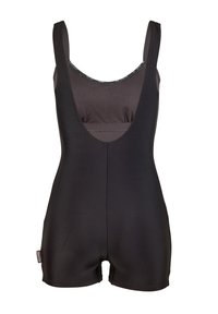 Maillot de bain noir avec un décolleté échancré, des bretelles larges et des jambes de style short. Fabriqué en tissu lisse et extensible avec un design sans couture.