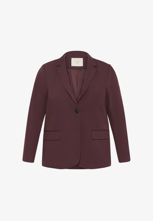Blazer bordeaux en tissu lisse avec une fermeture à un bouton, deux poches avant et un col cranté. Coupe ajustée et manches longues.