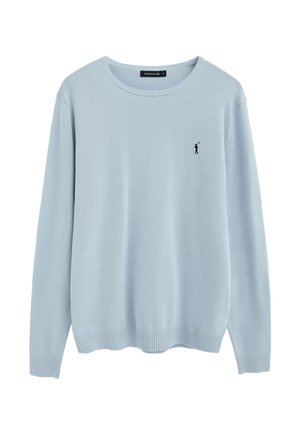 Maglione girocollo a maniche lunghe azzurro chiaro con polsini e orlo a costine, caratterizzato da un piccolo logo nero di un giocatore di polo sul petto sinistro.