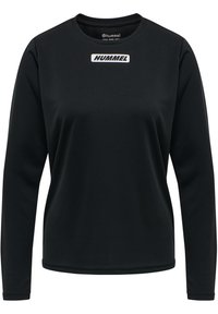 Sort langærmet skjorte lavet af glat stof. Har et hvidt "HUMMEL" logo på brystet, rund halsudskæring og elastiske manchetter.