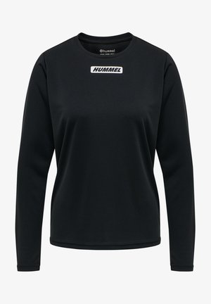 Schwarzes Langarmshirt aus glattem Stoff. Mit einem weißen "HUMMEL"-Logo auf der Brust, runder Halslinie und elastischen Bündchen.