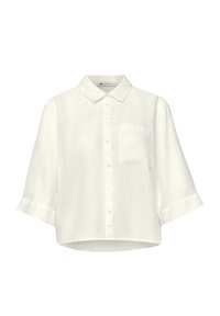 Chemise blanche boutonnée avec manches trois quarts, une poche poitrine unique et col classique, en tissu léger.
