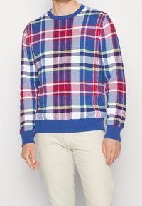 Stickad rutig tröja med inslag av blått, rött, vitt och grönt. Ribbad rundhals och muddar, med en texturerad yta.