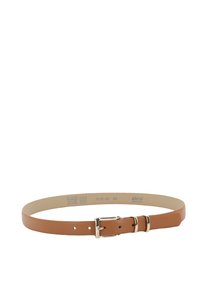 Brauner Ledergürtel mit glatter Oberfläche, silberner Metallschnalle und gleichmäßig verteilten Löchern zur Verstellung. Merkmale ein klassisches, schmales Design.