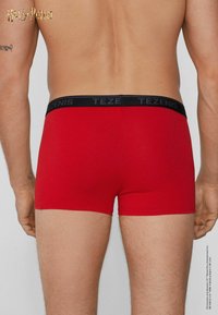 Pohled zezadu na muže v červených trenýrkách s černým elastickým páskem s nápisem „Tezenis“, ukazující tetování na pažích a světlou barvu pokožky.