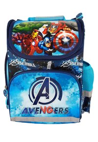 Avengers backpack with blue and black fabric, featuring superhero graphics, a logo on the front, and a mesh side pocket. Zipper closure.