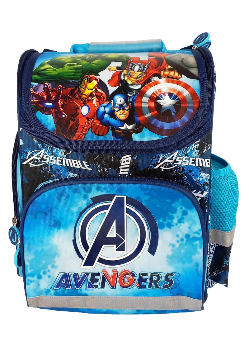 Avengers backpack with blue and black fabric, featuring superhero graphics, a logo on the front, and a mesh side pocket. Zipper closure.