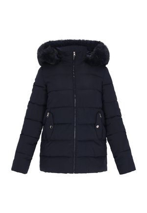 Chaqueta acolchada de color marino con capucha de piel sintética, cremallera frontal y dos bolsillos laterales con cremallera. Presenta un diseño acolchado y una textura suave.