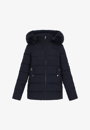 Navy padded jacket with a faux fur hood, front zipper, and two side zippered pockets. Features quilted design and smooth texture.