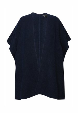 Navyblaues gestricktes Poncho mit offener Vorderseite, kurzen Ärmeln und strukturiertem Finish. Besitzt einen leichten V-Ausschnitt und ein Rückennahtdetail.