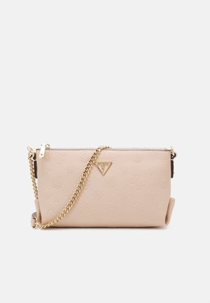 Beige rectangular leather crossbody bag with embossed logo pattern, gold chain strap, zipper closure, and triangular gold brand emblem on front.