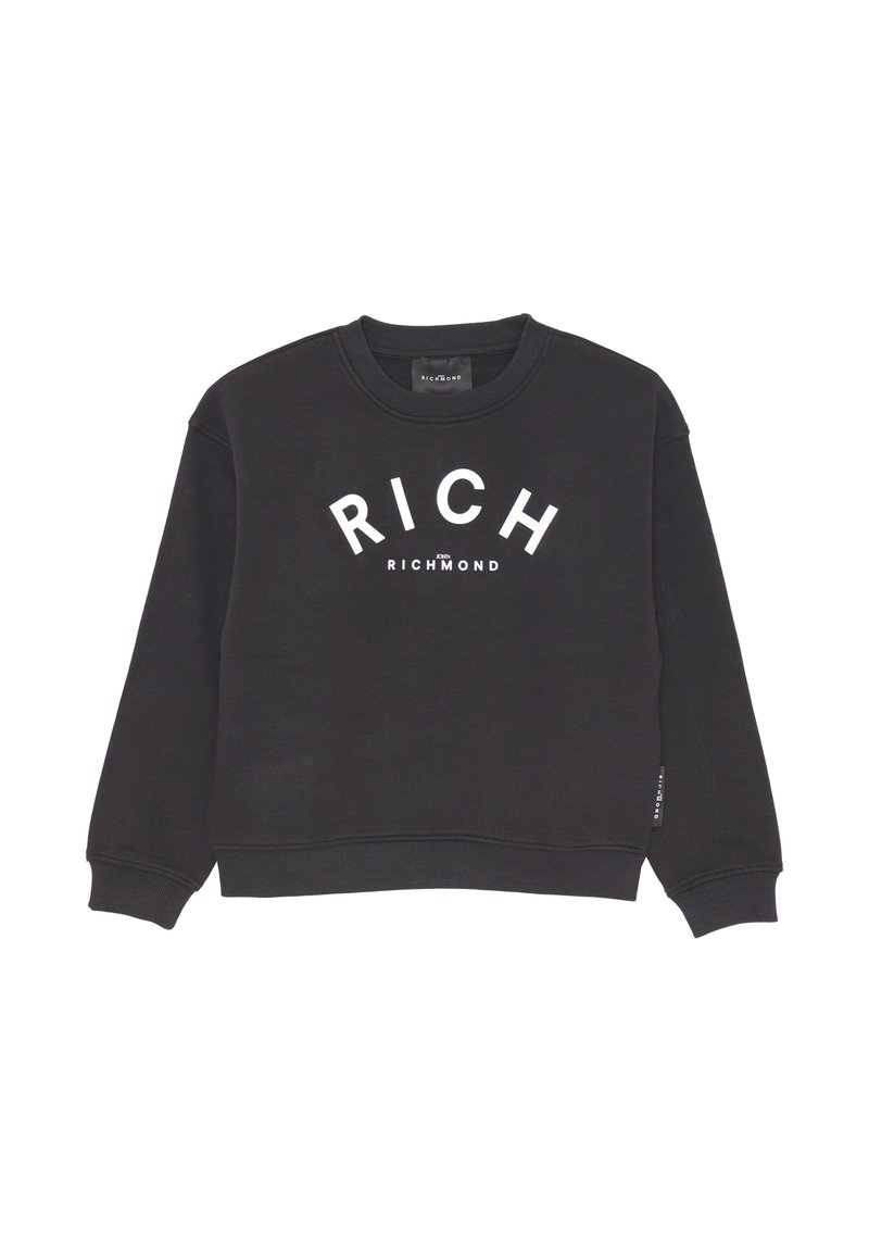 Felpa nera con la parola "RICH" in grandi lettere bianche e "RICHMOND" sotto. Collo rotondo e maniche lunghe. Texture sottile.