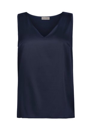 Granatowa bezrękawnikowa bluzka z dekoltem w kształcie litery V, o luźnym kroju i gładkiej fakturze tkaniny, z metką Falconeri Beta Collection wewnątrz kołnierza.