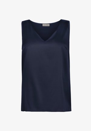 Granatowa bezrękawnikowa bluzka z dekoltem w kształcie litery V, o luźnym kroju i gładkiej fakturze tkaniny, z metką Falconeri Beta Collection wewnątrz kołnierza.