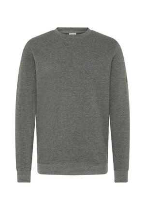 Harmaa huppari, jossa on pyöreä kaula-aukko, pitkät hihat, ribbireunukset hihansuissa ja helmassa, sekä pieni ruskea merkki vasemmassa hihassa.