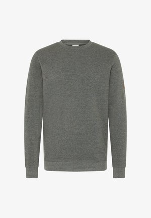 Harmaa huppari, jossa on pyöreä kaula-aukko, pitkät hihat, ribbireunukset hihansuissa ja helmassa, sekä pieni ruskea merkki vasemmassa hihassa.