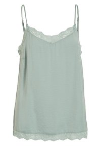 Vihreäliila camisole, jossa on herkkä pitsireunus kauluksessa ja helmassa, säädettävät spagettiolkaimet ja sileä kangas.