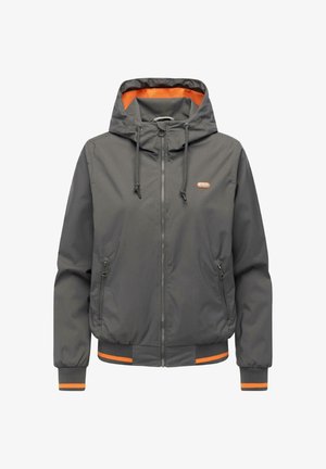 Szara bluza z kapturem na suwak z przodu, ze sznurkami, dwoma kieszeniami na zamek oraz pomarańczowym wykończeniem mankietów i wnętrza kaptura.