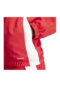 Giacca rossa con accenti bianchi, realizzata in materiale liscio e leggero. Presenta polsini elasticizzati e un logo sull'orlo.