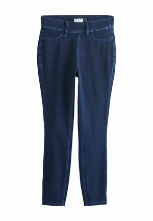 Ciemnoniebieskie dopasowane legginsy z denimu z kieszeniami z przodu i z tyłu, szlufkami na pasek oraz gładkim wykończeniem w pasie.