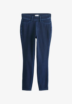 Colanți din denim bleumarin închis, croi slim, cu buzunare frontale și spate, bucle pentru curea și o talie netedă.