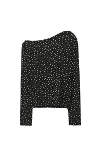 Schwarzes Langarmoberteil mit asymmetrischem Ausschnitt, das ein durchgehendes Muster aus weißen Punkten aufweist und im cropped Design gehalten ist. Weicher Stoff.