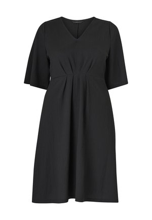 Abito nero con scollo a V, maniche corte e larghe, e corpino aderente. Tessuto strutturato con vita arricciata e gonna a forma di A.