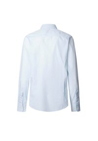 Camicia azzurro chiaro a maniche lunghe con pois bianchi, polsini con bottone e colletto classico. Il materiale sembra liscio e leggero.