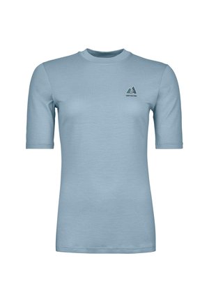 Light blue short-sleeve T-shirt made of soft fabric. Features a round neckline and a small logo in dark blue on the left chest area.