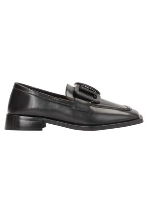 Black leather loafers with a square toe, featuring a prominent buckle detail and a low, block heel. Smooth texture with stitched accents.