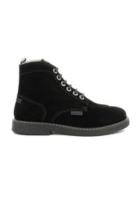 Botas de tobillo de ante negro con cierre de cordones, punta redonda, superficie texturizada y suela de goma con detalles de costura en contraste.