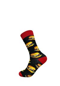 Svarta strumpor med ett upprepande hamburgermönster i gult, rött och grönt. Accentuerade med en röd mudd, mjukt stickat material och medelhöjd.