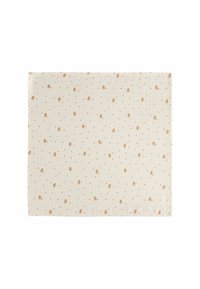 Sottopiatto in cotone con sfondo crema, caratterizzato da disegni di ominidi di pan di zenzero marroni sparsi e piccoli punti neri. Forma rettangolare, superficie texturizzata.