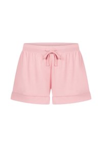 Lichtroze shorts van zacht stof. Voorzien van een elastische tailleband met een trekkoord en opgerolde mouwen. Eenvoudig ontwerp zonder patronen.