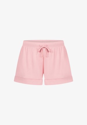 Lichtroze shorts van zacht stof. Voorzien van een elastische tailleband met een trekkoord en opgerolde mouwen. Eenvoudig ontwerp zonder patronen.
