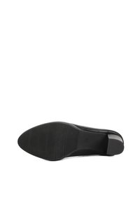 Scarpa nera con un design elegante, materiale superiore liscio e suola in gomma testurizzata. Punta chiusa con tacco basso. Dettagli minimi.