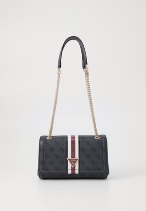 Black faux leather handbag with a gold chain strap, featuring a maroon and cream stripe, embossed logo pattern, and triangular metal logo accent.