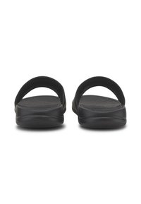 Black sandals feature a simple design with two wide straps, textured footbed, and a cushioned sole for comfort.