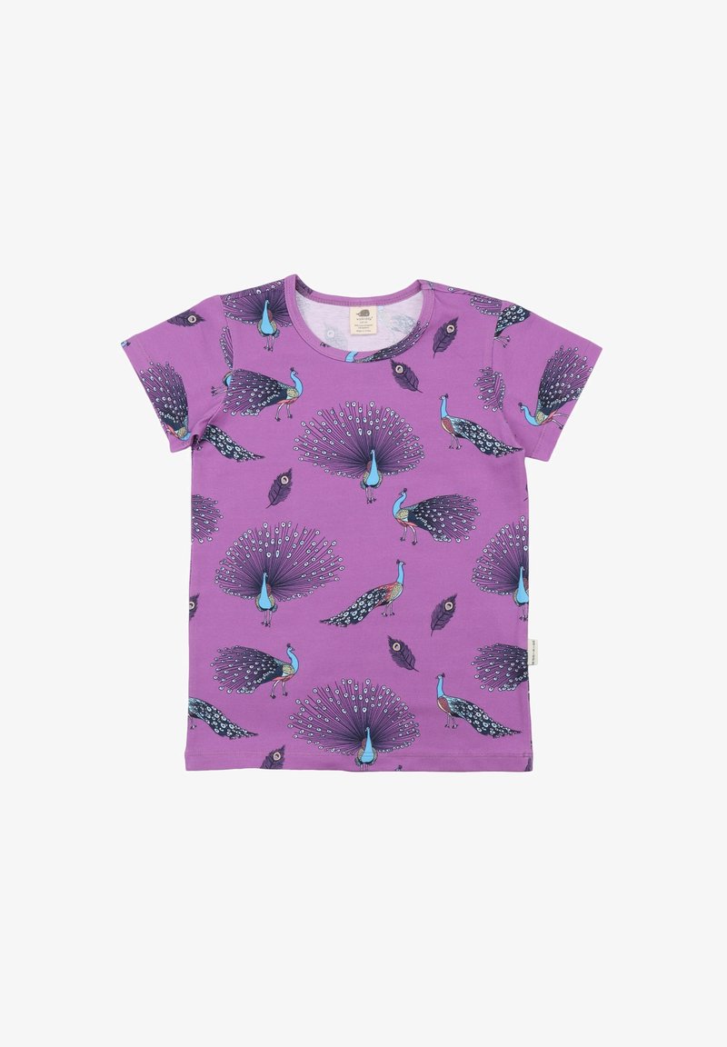 Purple short-sleeved T-shirt made of cotton, featuring a peacock print with vibrant colors and detailed feather patterns. Seamless neckline.