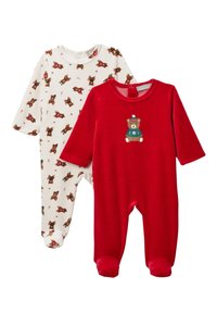 Deux grenouillères pour bébé : une blanche avec des motifs d'ours bruns, et une rouge avec un motif d'ours. Les deux ont des manches longues et des pieds intégrés.