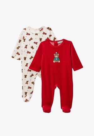 Deux grenouillères pour bébé : une blanche avec des motifs d'ours bruns, et une rouge avec un motif d'ours. Les deux ont des manches longues et des pieds intégrés.