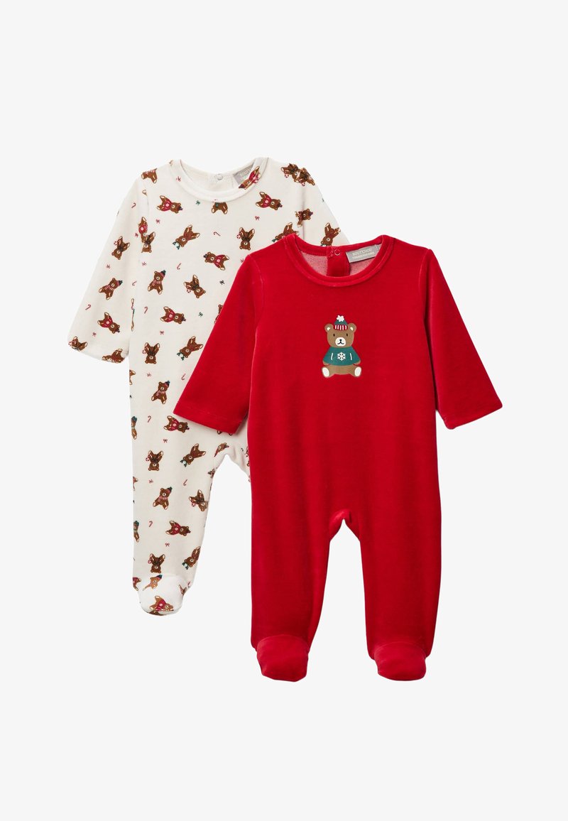 Deux grenouillères pour bébé : une blanche avec des motifs d'ours bruns, et une rouge avec un motif d'ours. Les deux ont des manches longues et des pieds intégrés.