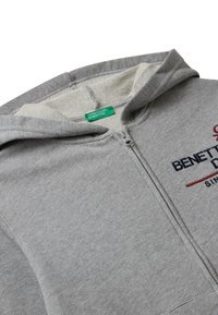 Felpa grigia con zip realizzata in morbido cotone. Presenta un cappuccio foderato, un logo ricamato in blu navy e rosso, e una texture liscia con polsini a costine.