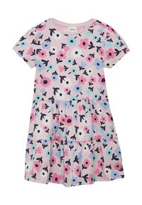 Rosa Blumenkleid mit kurzen Ärmeln und gestuftem Rock, verziert mit mehrfarbigen Blumen in Blau, Pink und Schwarz auf weichem, leichtem Stoff.