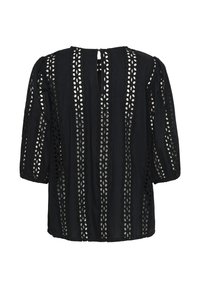 Sort bluse med øjelet broderi, vertikale udsparinger og en nøglehulslukning bagpå. Korte puffærmer med en løs pasform.