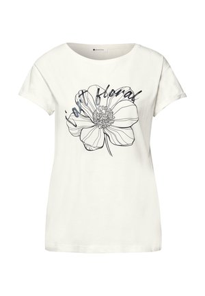 Weißes T-Shirt mit kurzen Ärmeln, großem schwarzen Blumenumriss und dem kursiven Schriftzug "in floral" über der Brust.