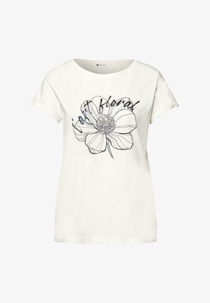 Weißes T-Shirt mit kurzen Ärmeln, großem schwarzen Blumenumriss und dem kursiven Schriftzug "in floral" über der Brust.