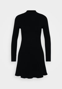 Robe noire à manches longues et texture côtelée. Présente un col haut et un ourlet évasé. Design simple et ajusté.