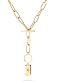 Gouden ketting met een schakeldesign, voorzien van een sluiting met een toggle en een hanger met een kompasster-motief. Hoogpolijste afwerking, rechthoekige vorm.