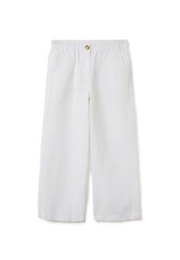 Witte linnen wijde broek met een elastische tailleband, twee zijzakken en een knoopdetail aan de voorkant. Gladde textuur en ademende stof.